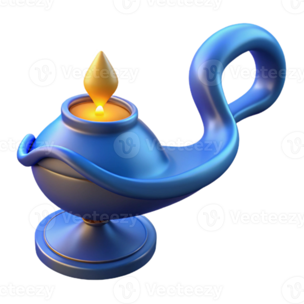 3D Render of a Magical Blue Oil Lamp with Lit Candle png