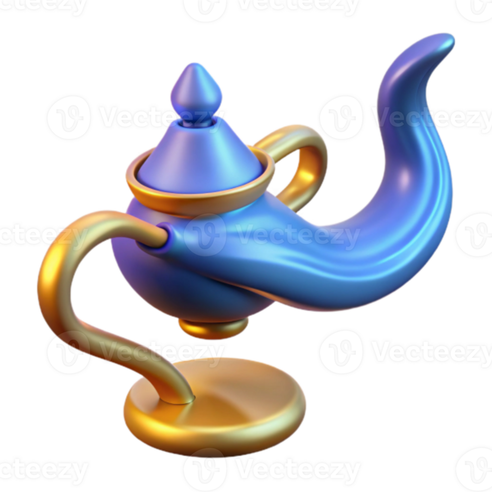 3D Render of a Magical Genie Lamp, Blue and Gold, Fantasy Illustration png
