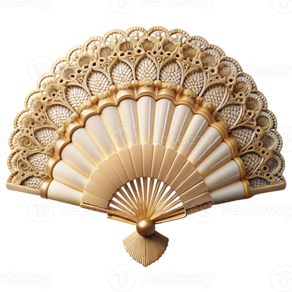 Ornate Gold Hand Fan with Intricate Detail png