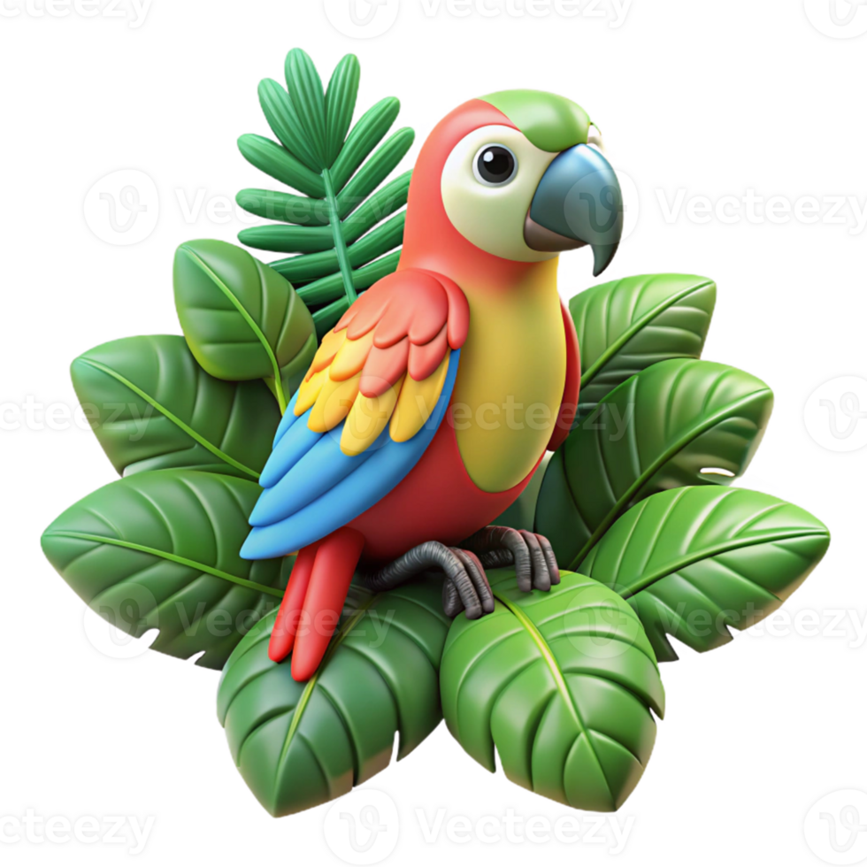 3D Parrot on Green Leaves png