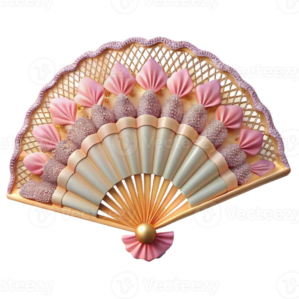 3D Render of a Golden Fan with Pink Accents png