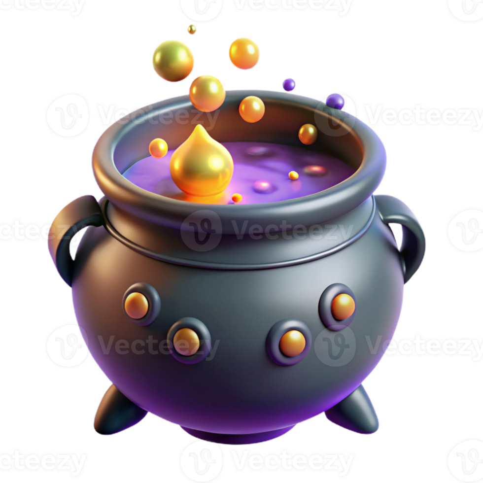 Isometric Illustration of a Cauldron with Purple Liquid and Golden Bubbles png