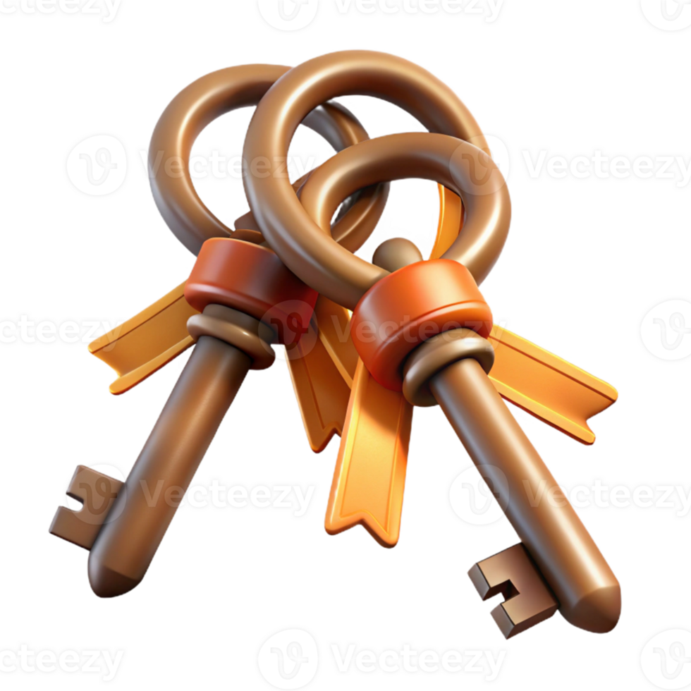 Isometric Rendered Golden Keys with Ribbons png