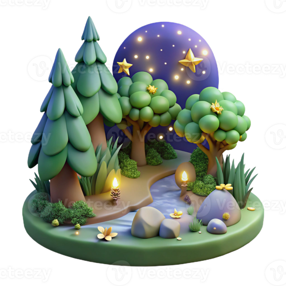 Nighttime Forest Scene with Stars and Stream png