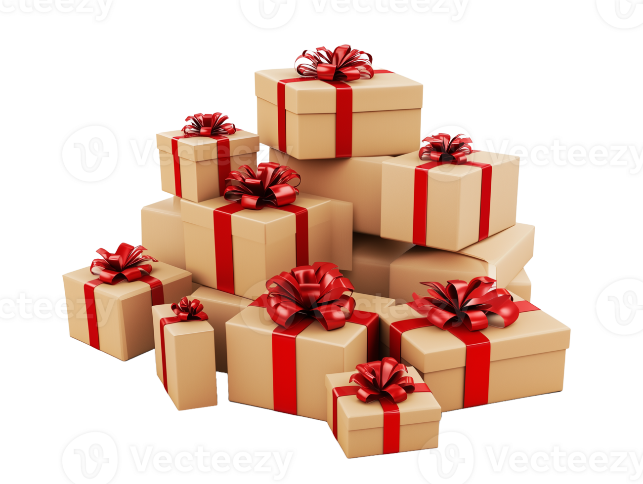 Pile of Gift boxes isolated on transparent background. Eco friendly craft presents with red bow. For Christmas, New Year, Valentine's Day and other greetings png