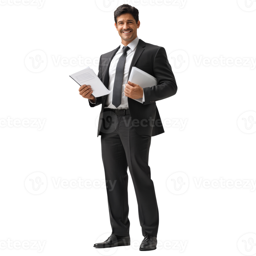Happy Businessman Holding Documents Smiling Confidently. isolated transparent png
