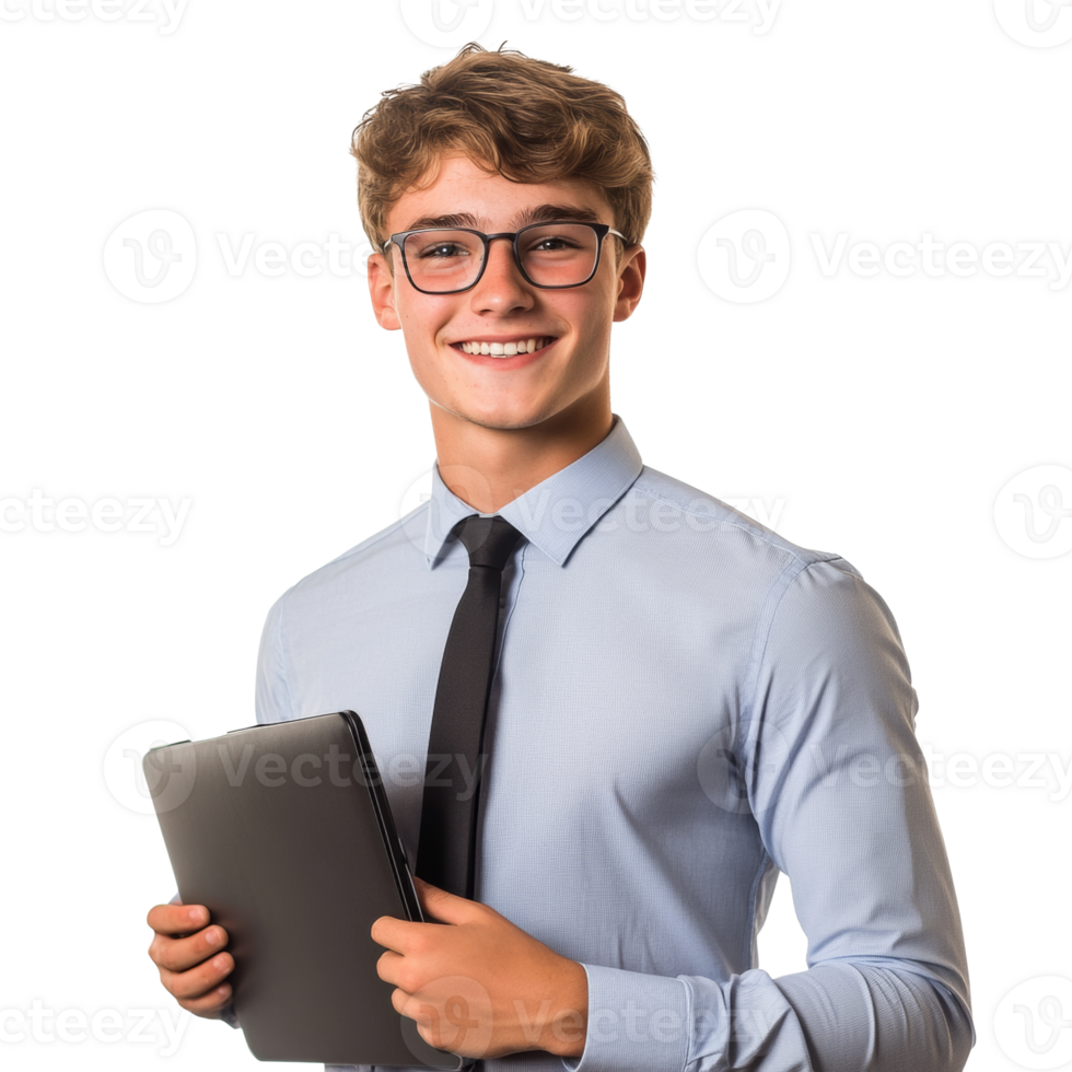 Young Businessman Holding Tablet Smiling Confidently. cut out png