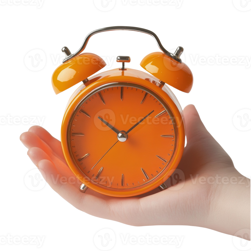Orange Alarm Clock Held Gently in a Hand. isolated png