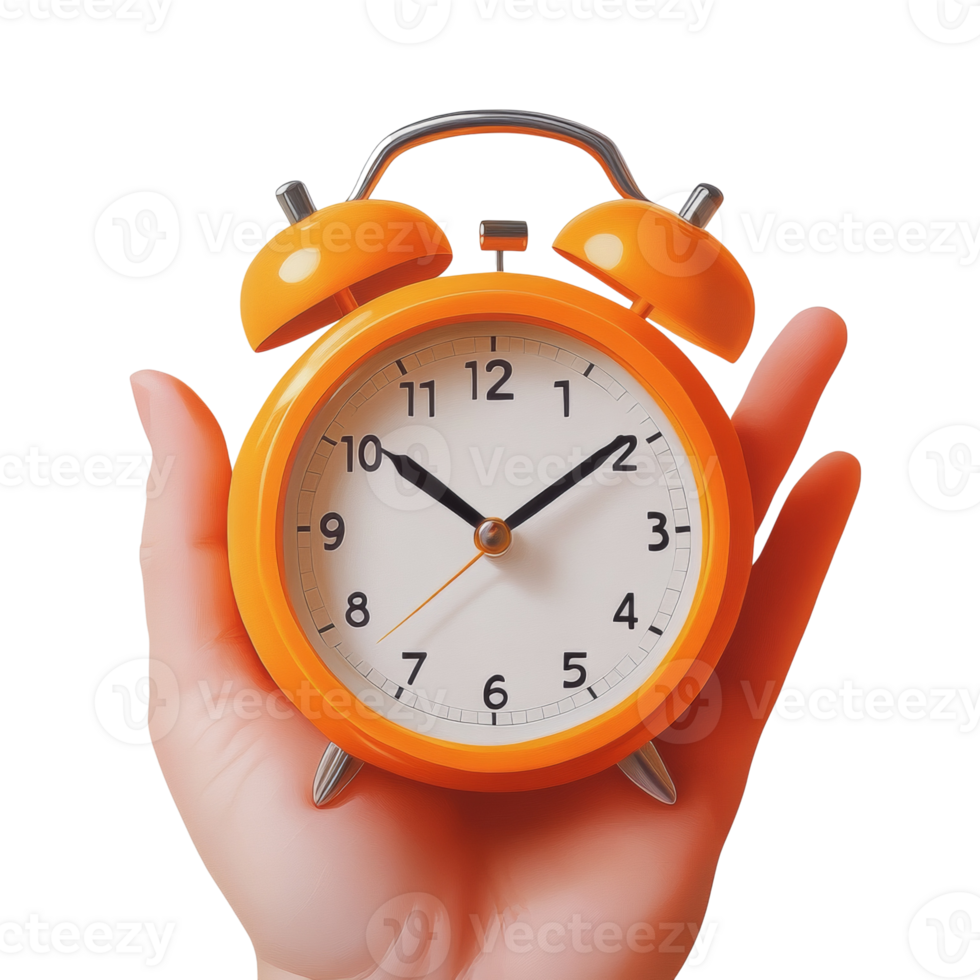 Orange Alarm Clock Held Gently in a Hand. isolated transparent png