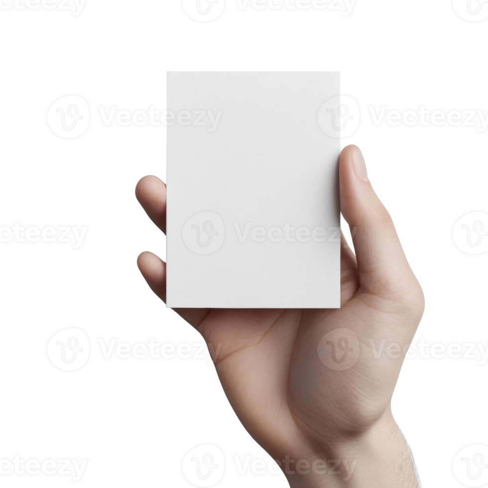 A hand holds a blank white square card. isolated png