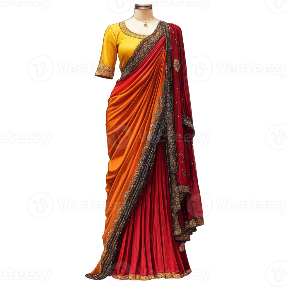 Elegant Indian Saree Displayed on Mannequin. cut out png