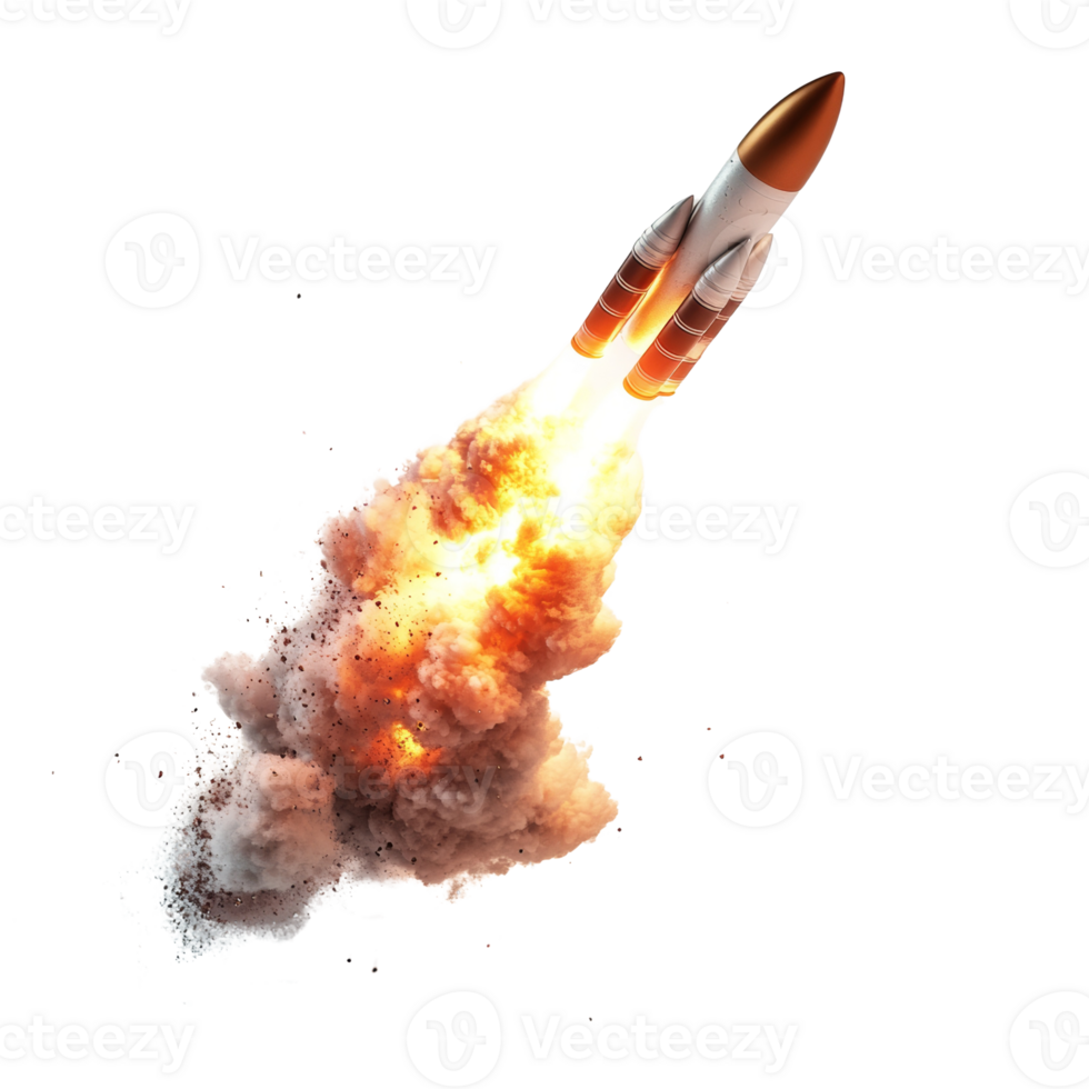 Rocket Launch Amidst Fiery Exhaust and Smoke. cut out png
