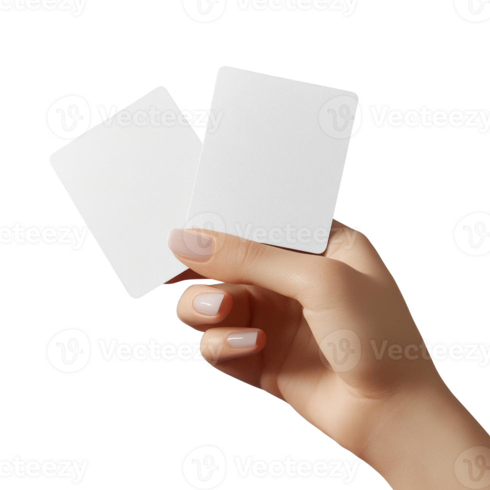 A hand delicately holds two blank white cards. cut out png
