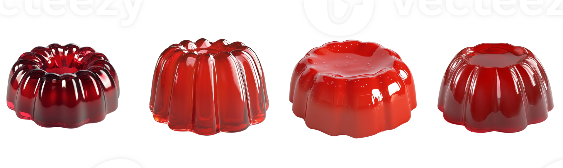 Four Red Jelly Molds Showcase Diverse Shapes and Sizes png
