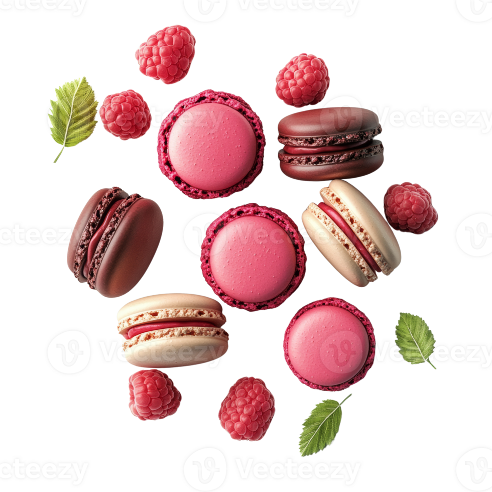 Raspberry Macarons and Fresh Raspberries Floating Against Black Background png