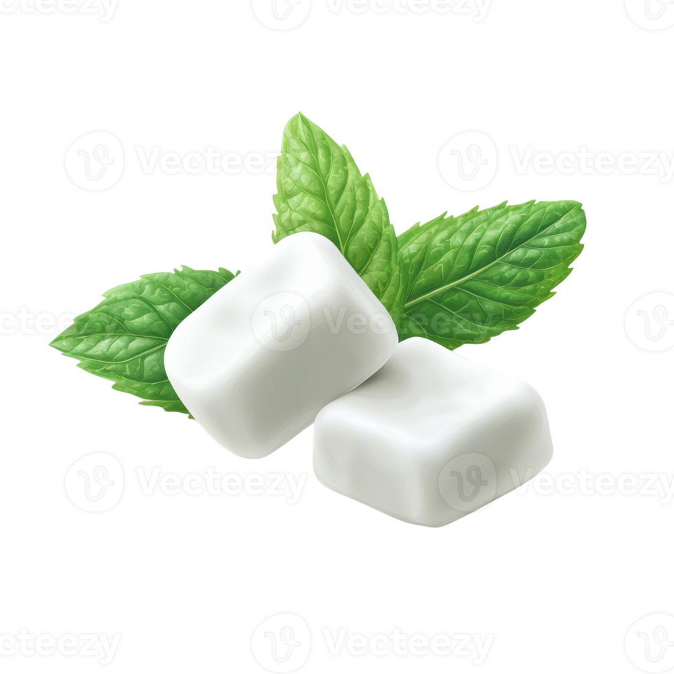 Two Mint Flavored Cubes Resting on Fresh Mint Leaves png