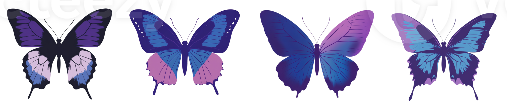 Four Colorful Butterflies Displayed in a Row png