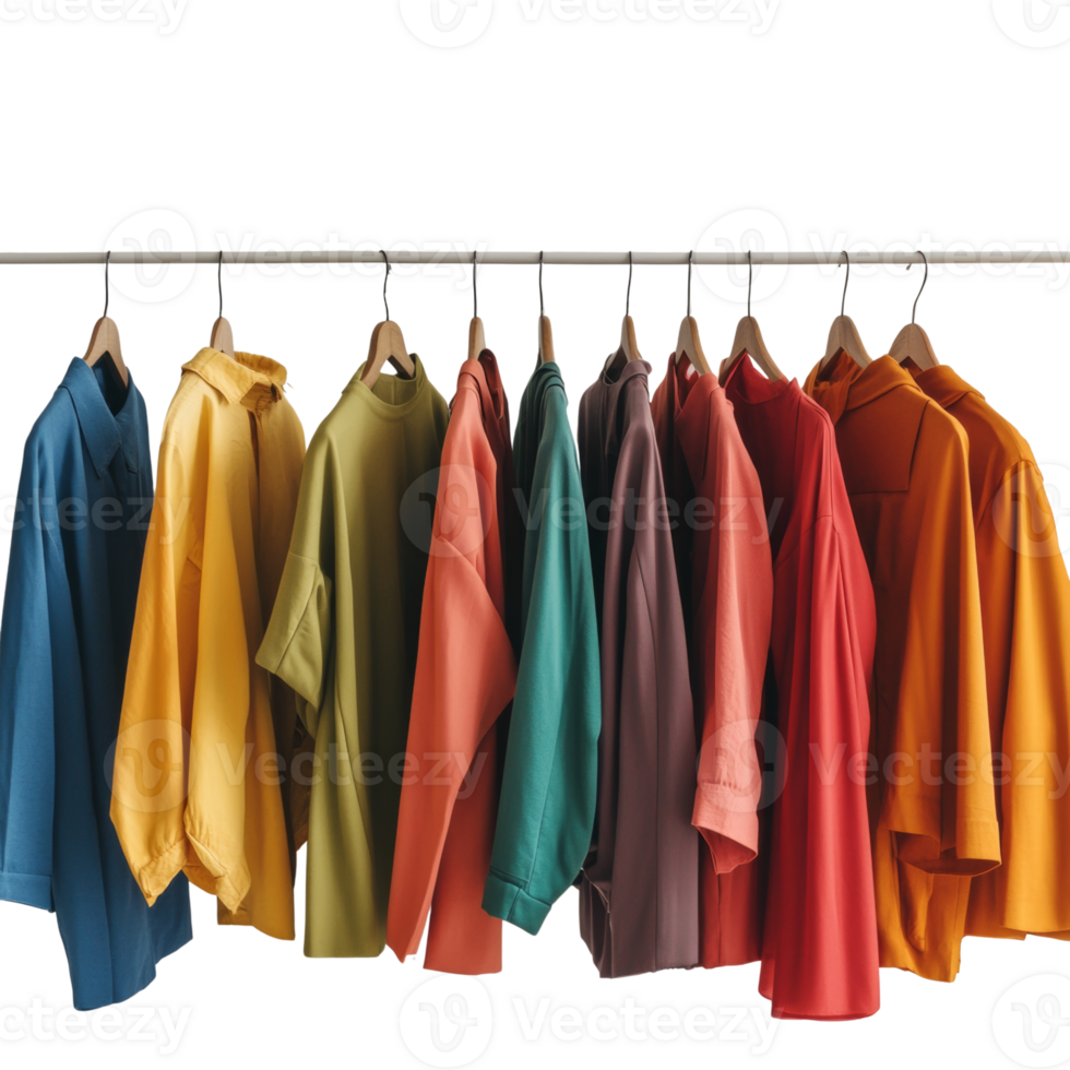 Colorful shirts and tops hanging on a rack png