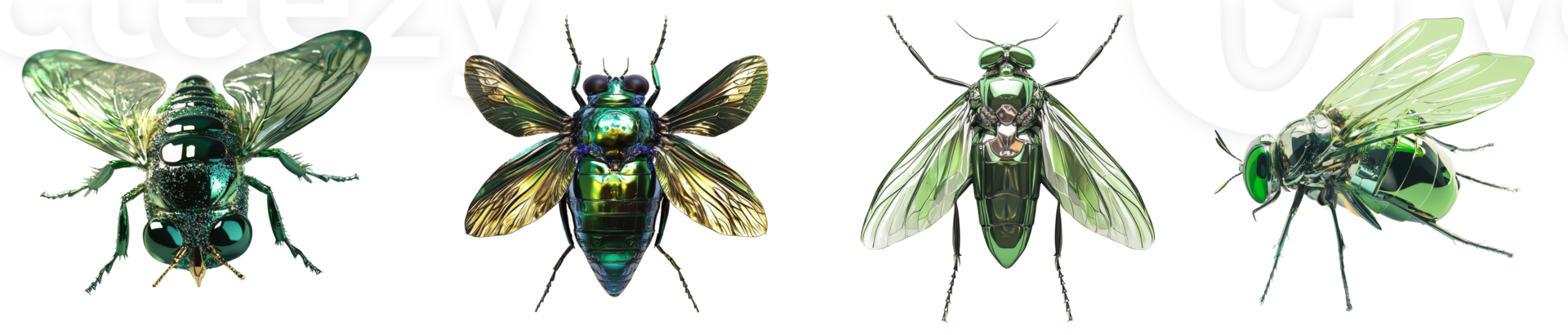 Four Metallic Green Insects Displayed Against A Black Background png