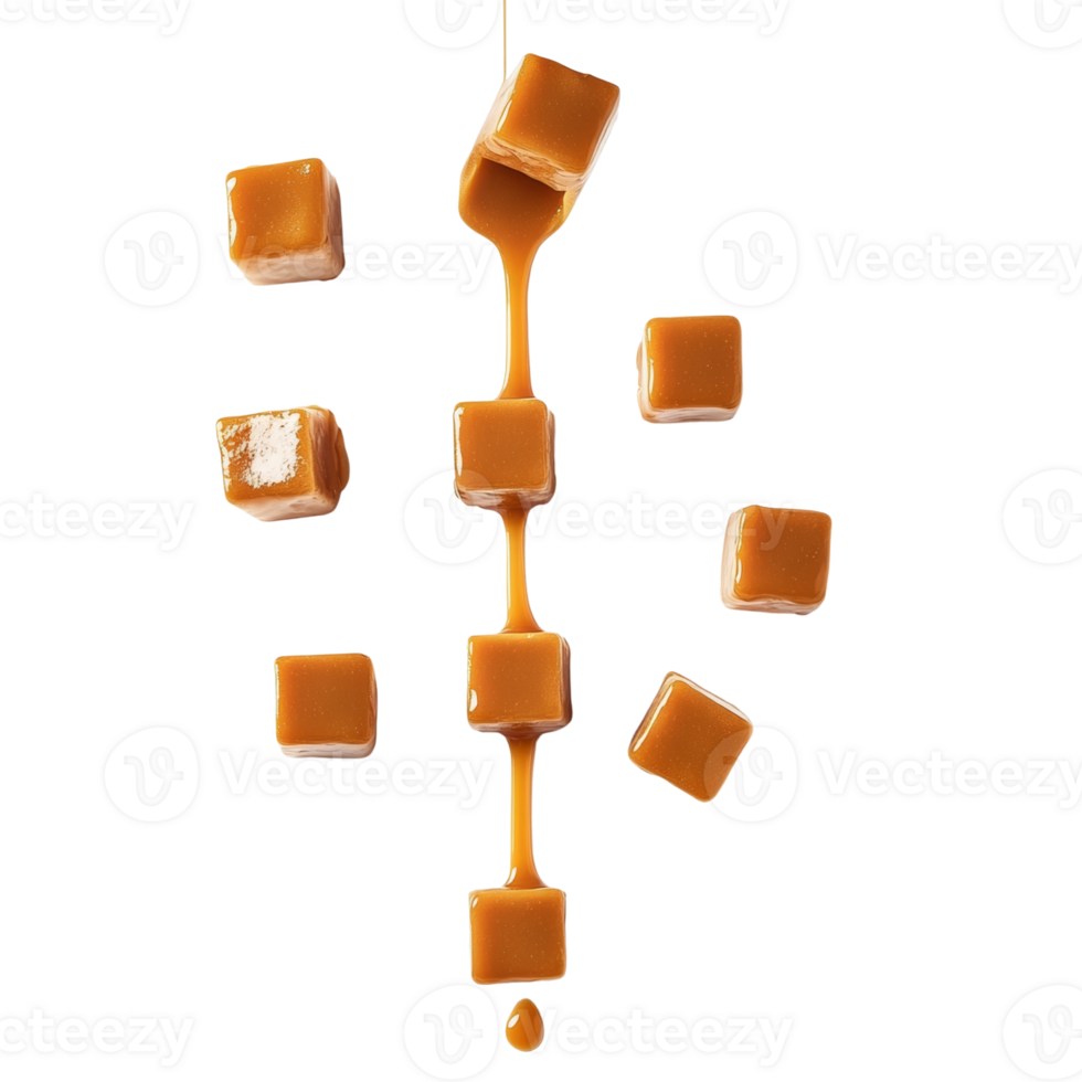 Caramel candies falling and pouring in a stream png