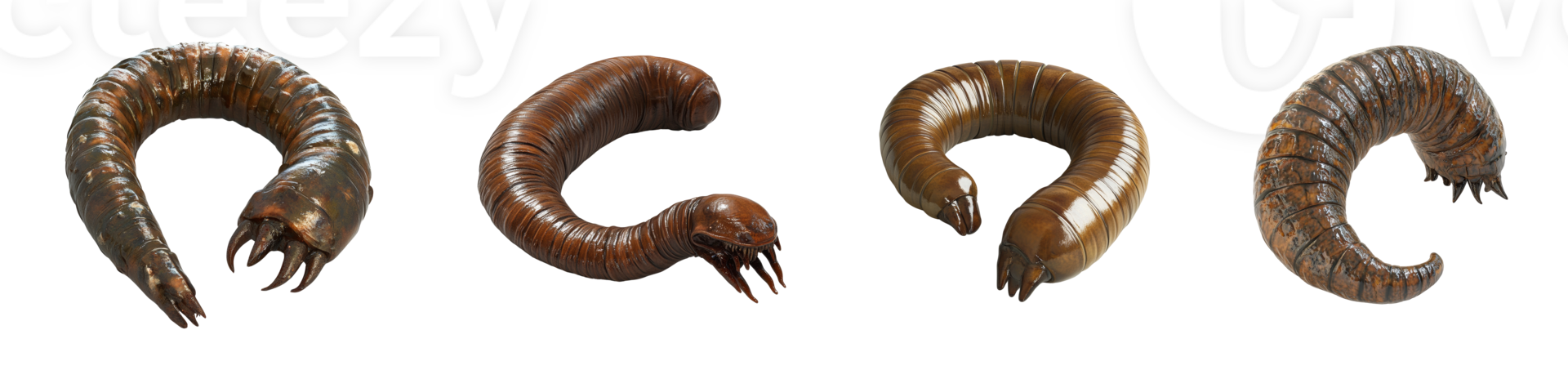Four segmented insect larvae curl into horseshoe shapes. png