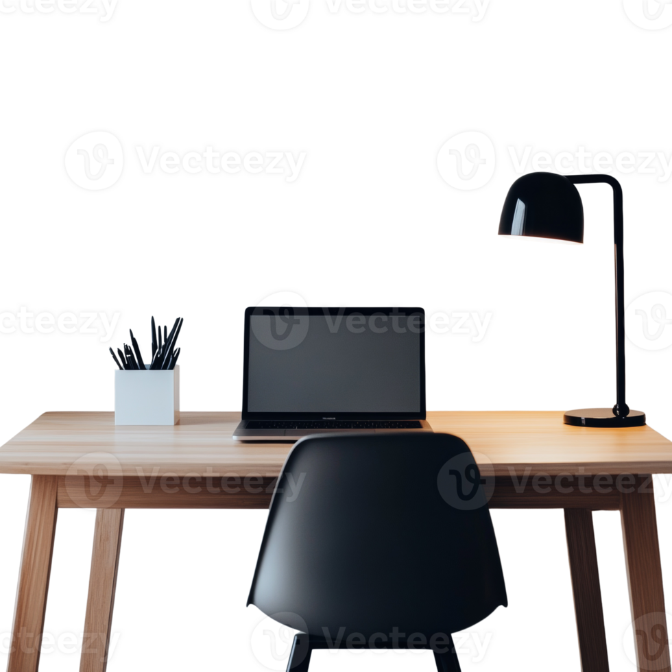 Modern minimalist workspace with laptop and desk lamp. isolated png