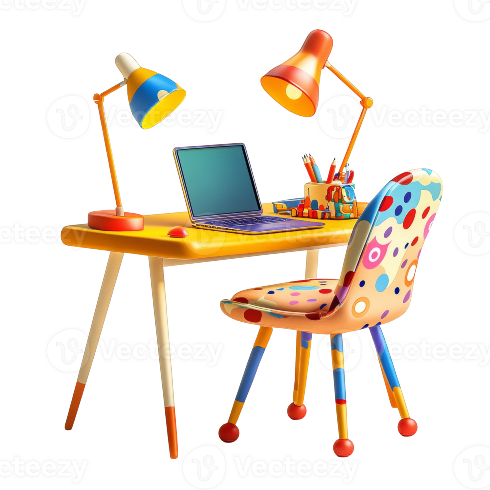 Colorful Childrens Desk Setup With Laptop And Lamps png