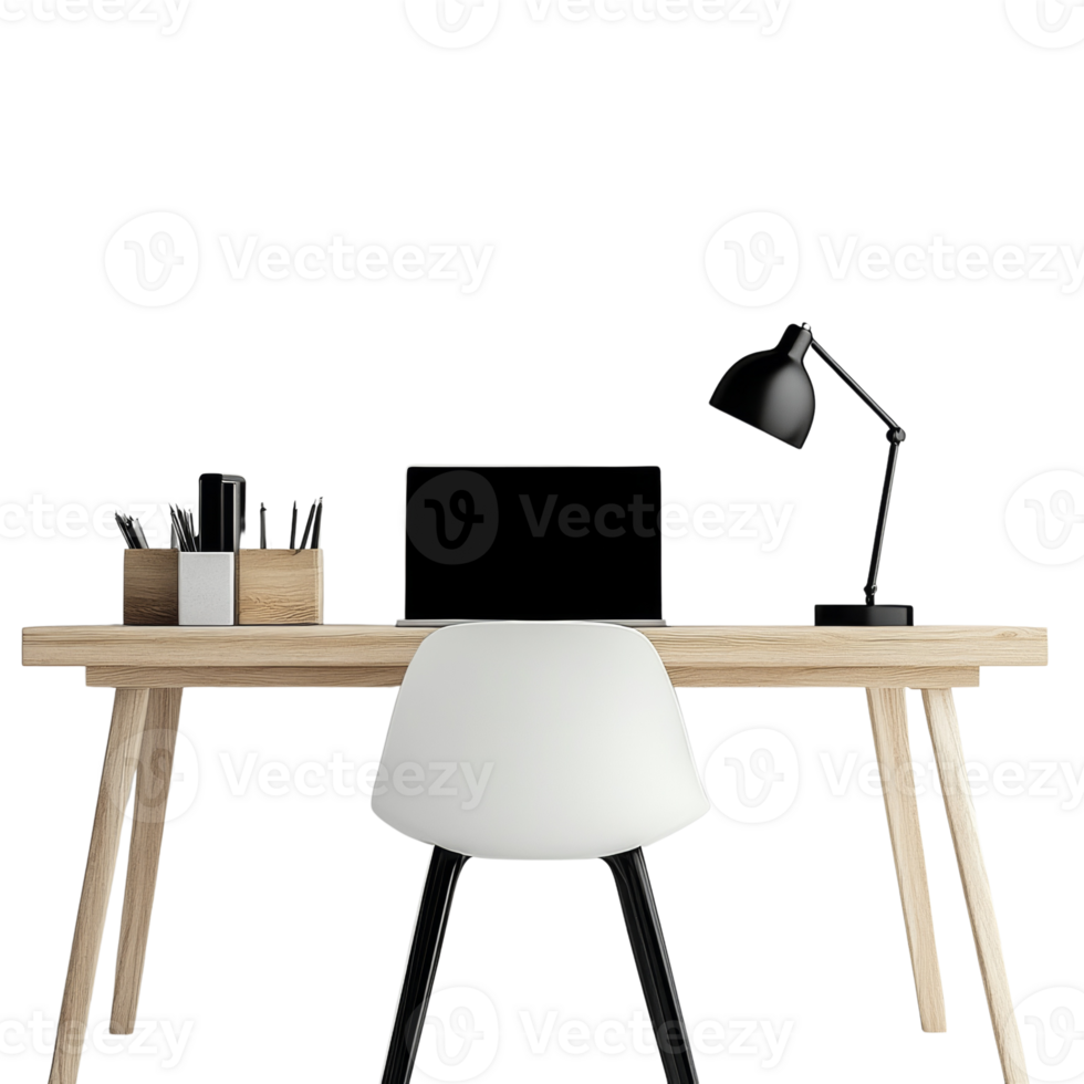 Modern minimalist workspace with laptop and desk lamp. cut out png