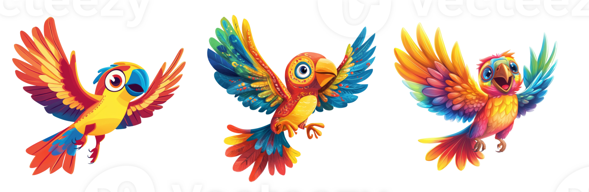 Three Vibrant Colorful Parrots in Flight png