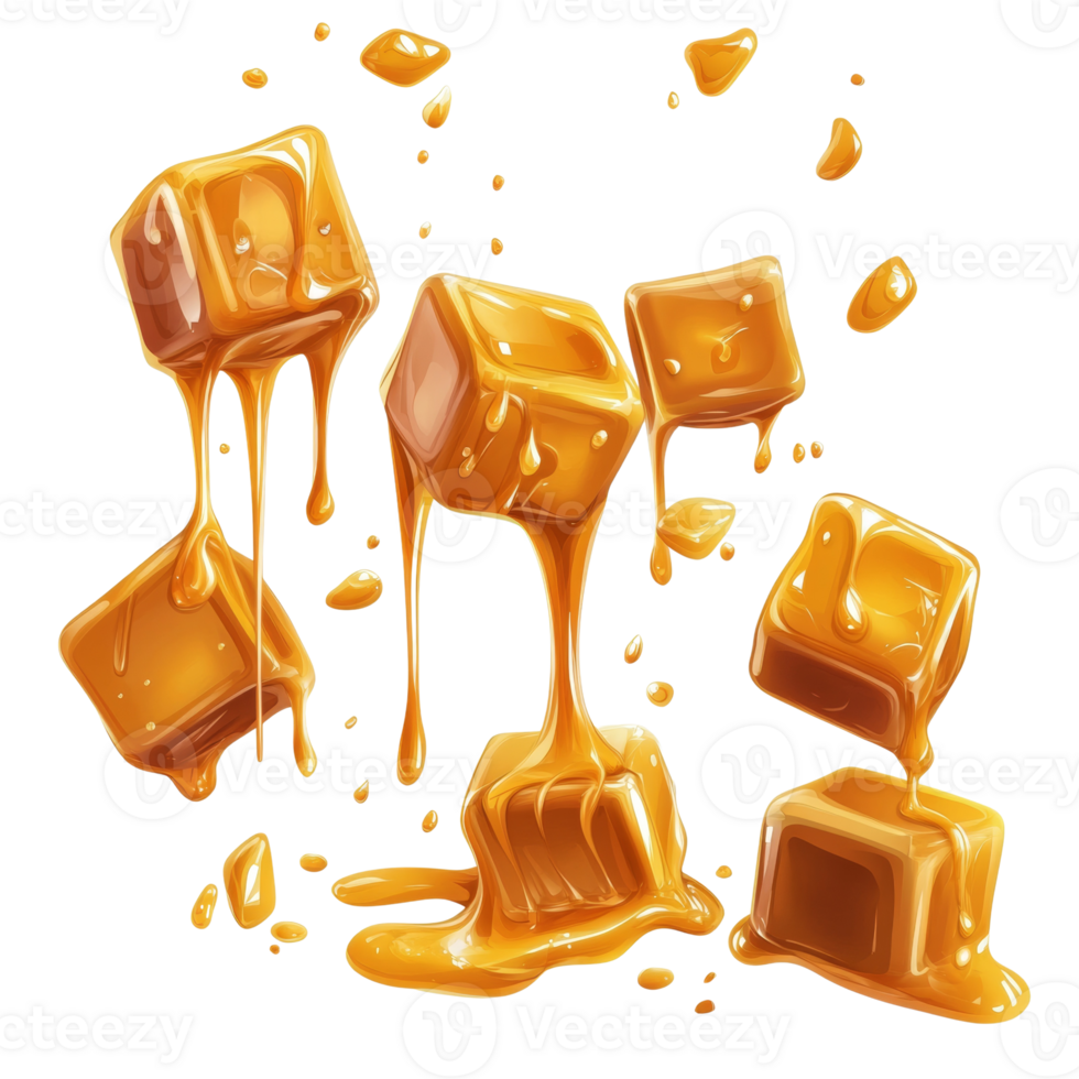 Melted Caramel Cubes Dripping Sweet Golden Goodness png