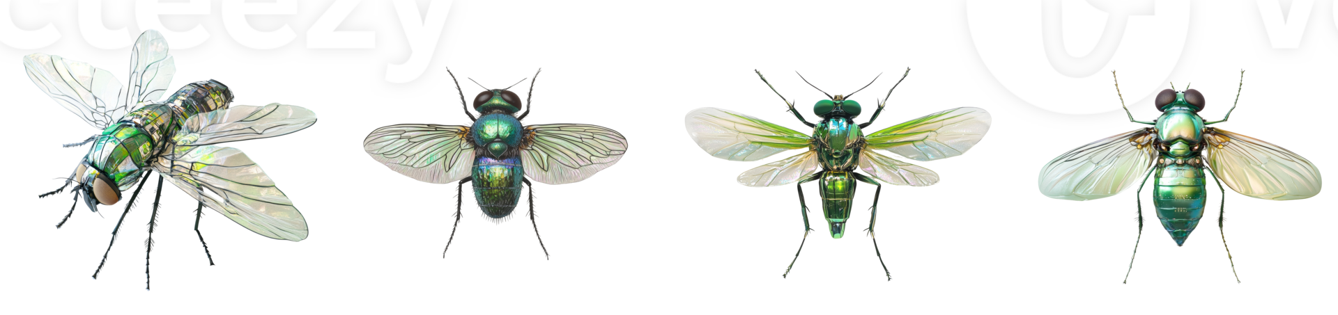 Four iridescent green flies shown in different views png