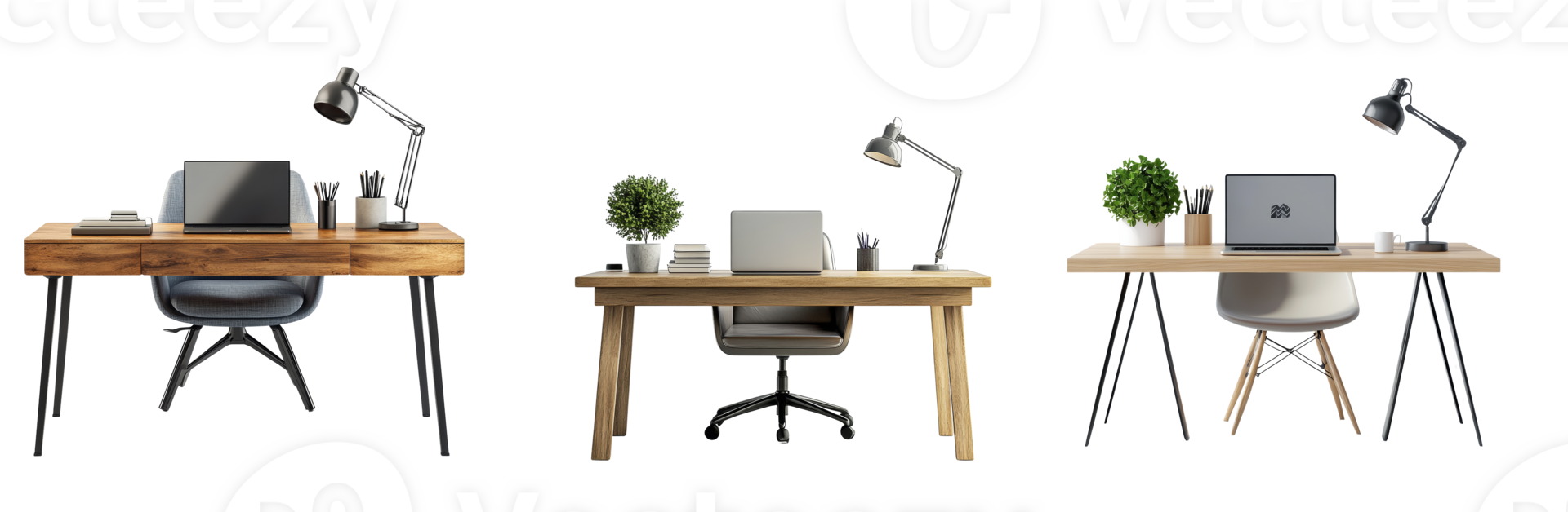 Three Modern Home Office Desk Setups With Laptops png