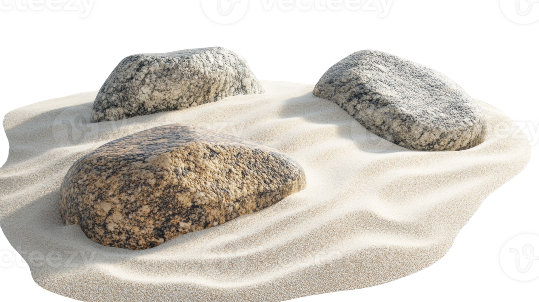 Three granite stones rest on a bed of sand png