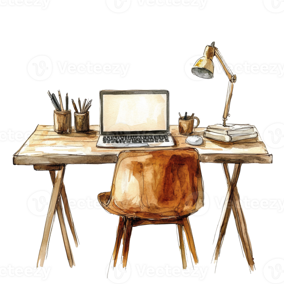 Watercolor Painting of a Cozy Workspace Setup png