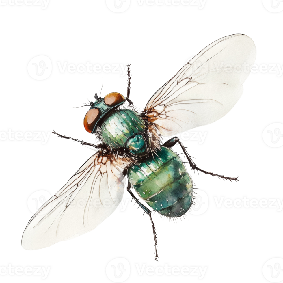 une détaillé aquarelle La peinture de une vert mouche png