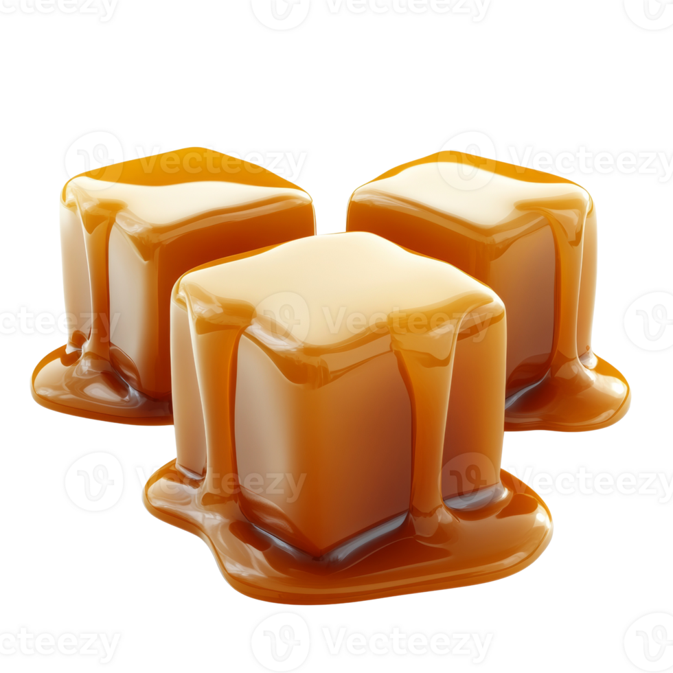 Three Cubes Of Glossy Caramel Candy Melted png