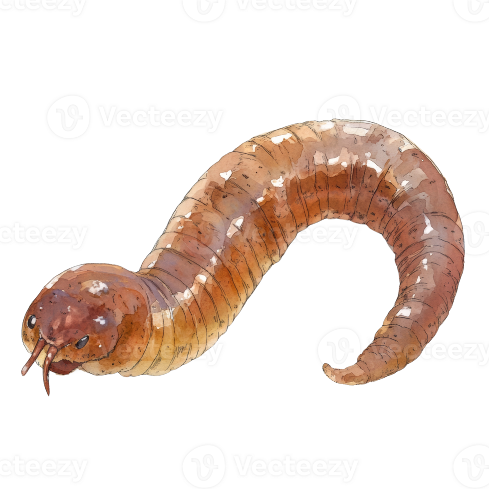 Watercolor Illustration of a Brown Segmented Worm png