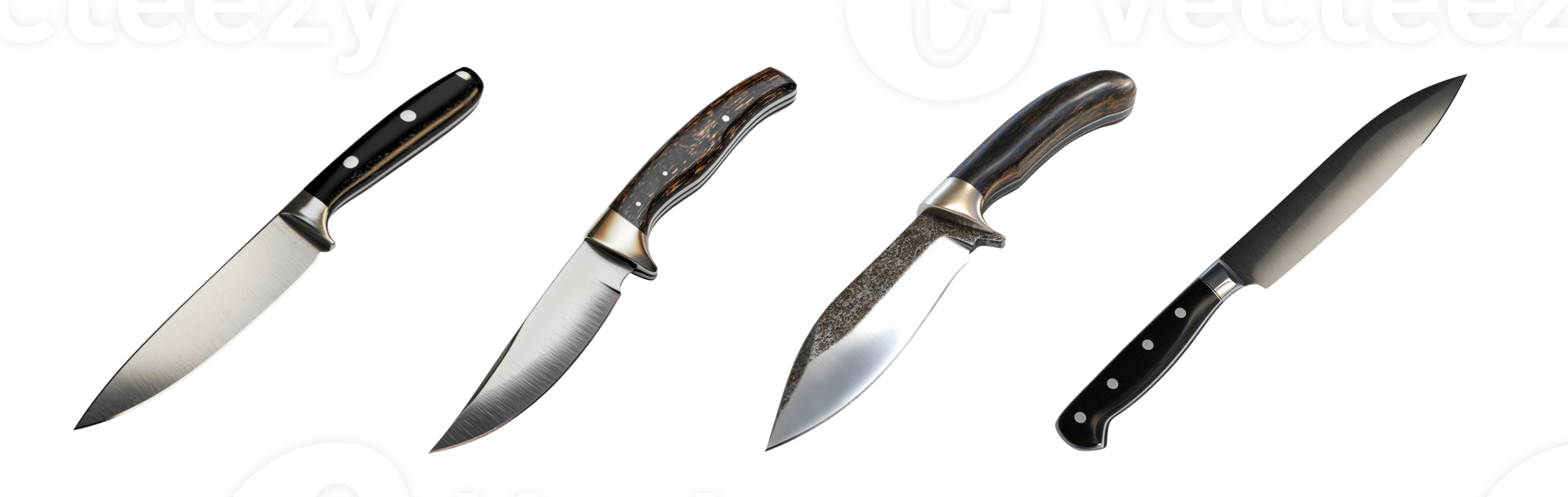 Collection of Four Stylish Knives with Unique Handles png