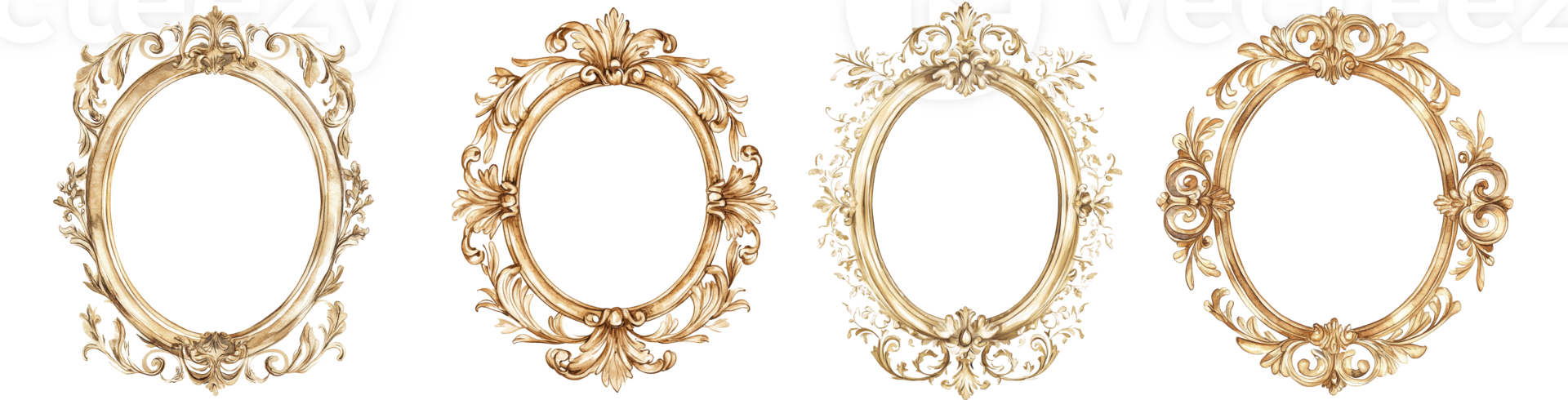 Four Ornate Gold Oval Frames Design Elements png