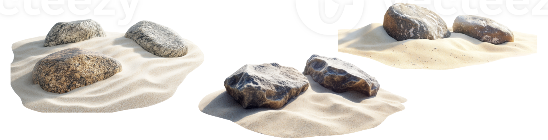 Three groups rocks rest on separate sandy patches. png