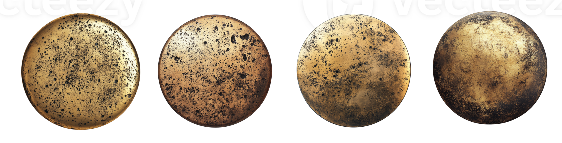 Four gold speckled round metallic plates sit in a row. png