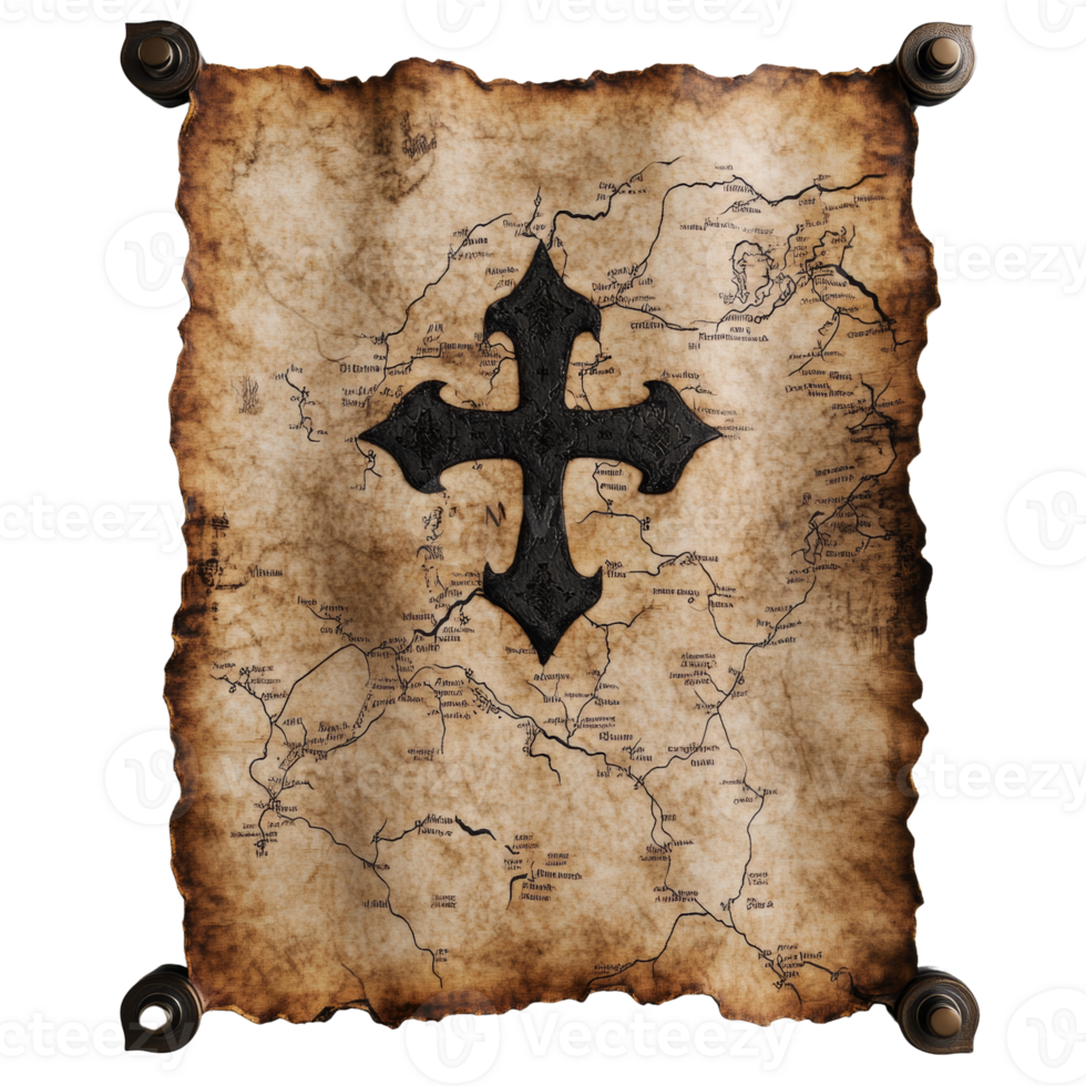 Ancient Map Scroll Featuring a Black Cross Emblem png