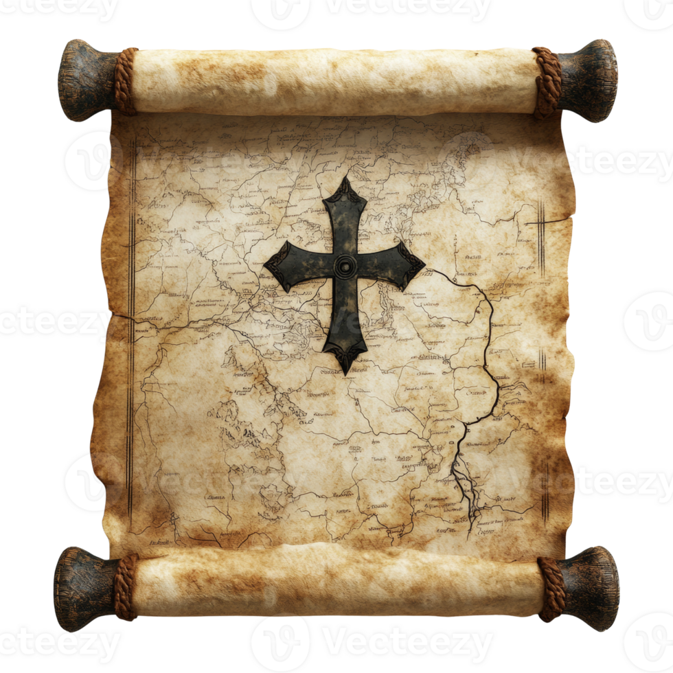 Ancient Map Scroll Featuring a Metal Cross png