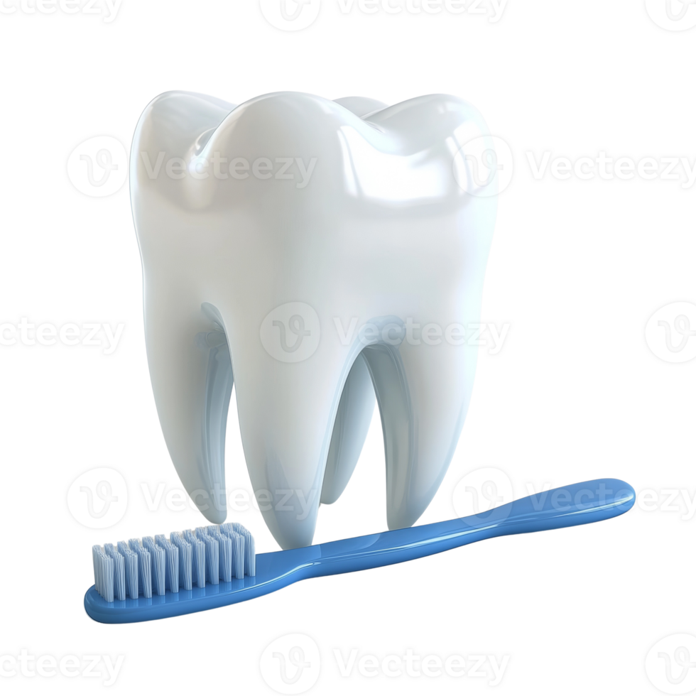 A large white tooth and a blue toothbrush. isolated png