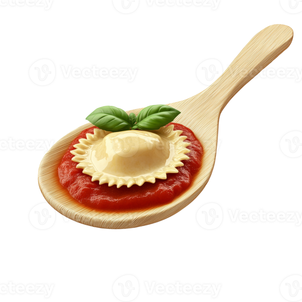 Ravioli on a wooden spoon with tomato sauce and basil png
