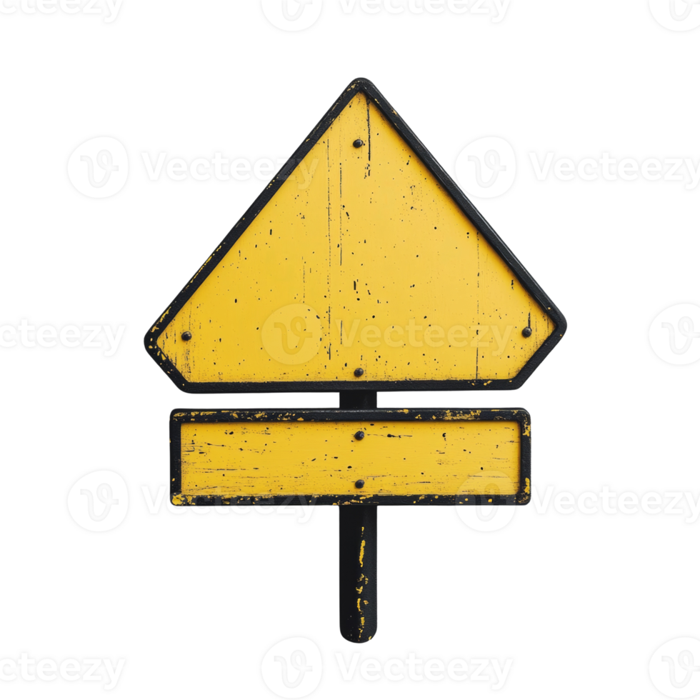 A weathered yellow triangular road sign with a blank rectangular panel png