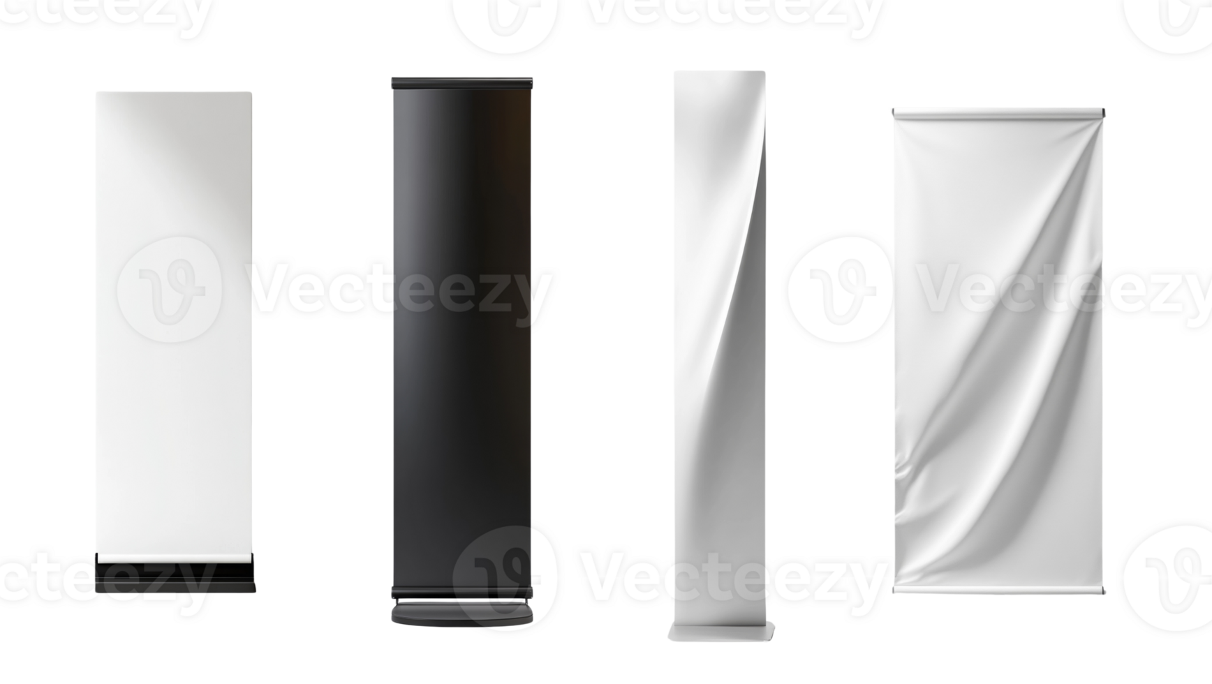 Four Blank Vertical Banner Stands Displayed png