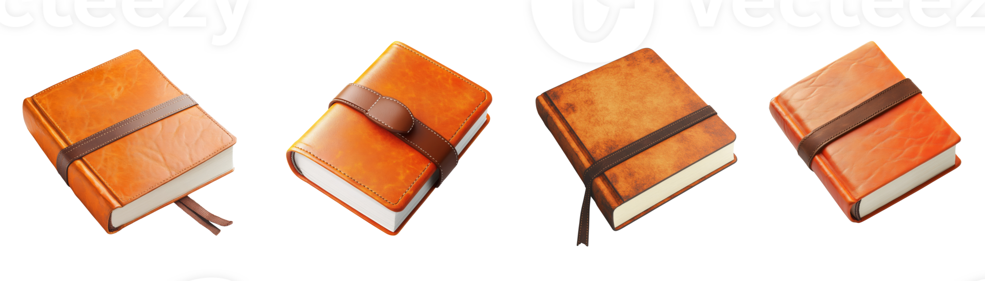 Four Leather Bound Books Displayed Against Black Background png