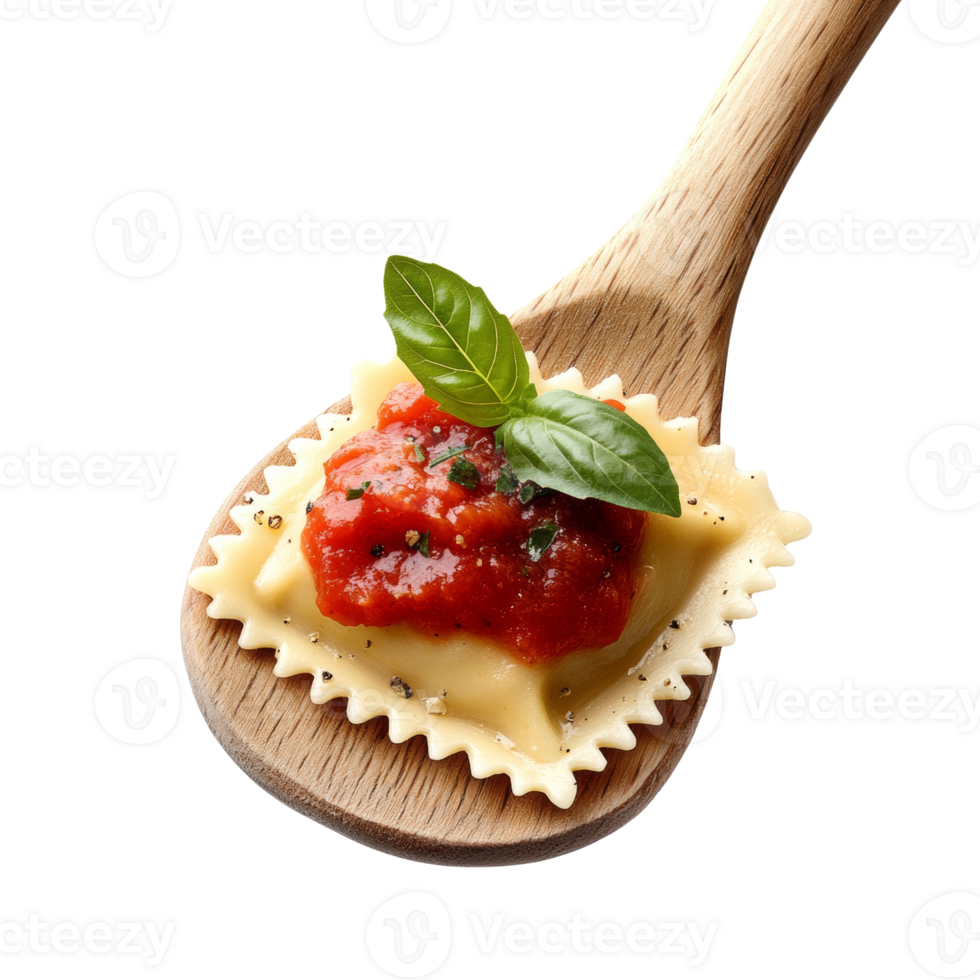 Ravioli with tomato sauce and basil on a wooden spoon png