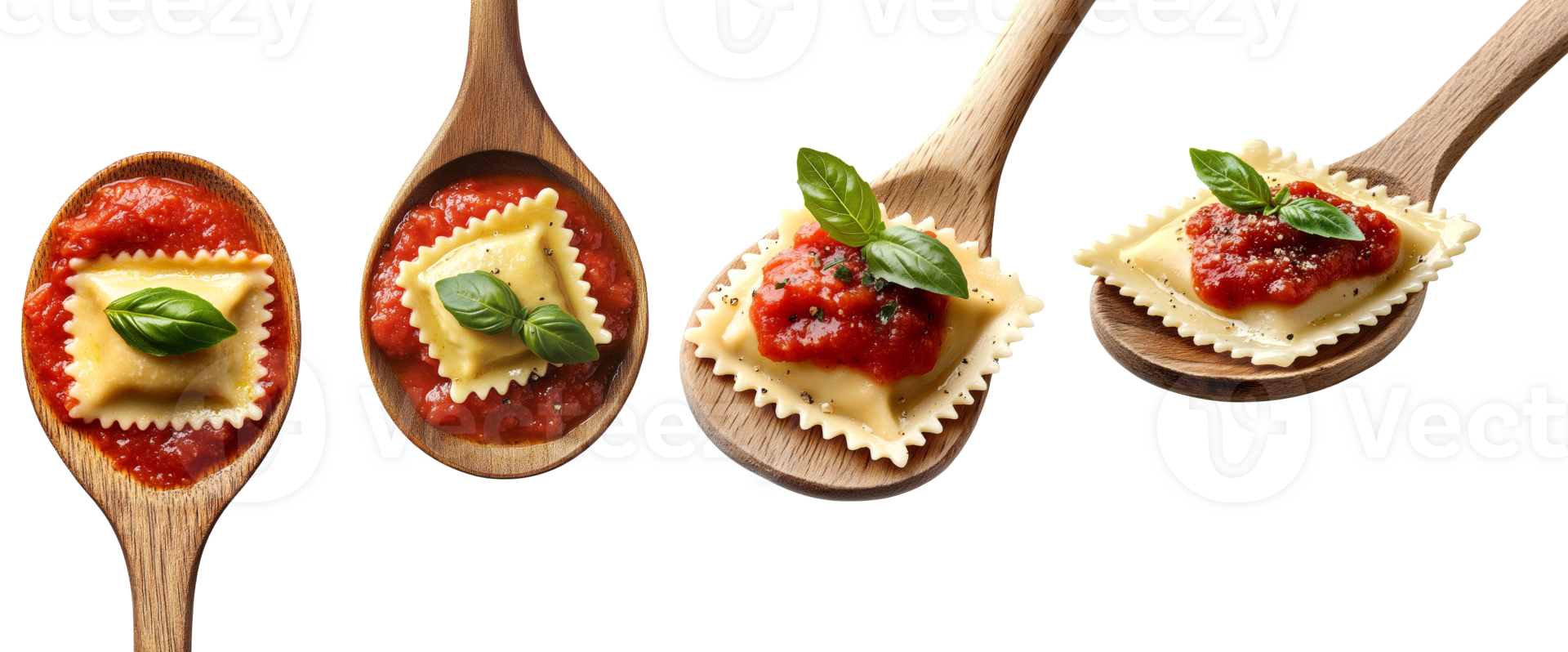 Ravioli with Tomato Sauce and Basil on Wooden Spoons png